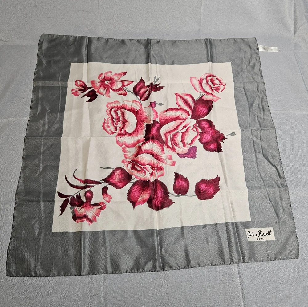 Olivia Rosselli VTG Floral Romantic Rose Pink Gray Square Scarf Made In Italy